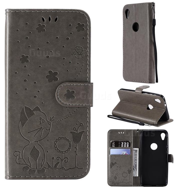 Embossing Bee and Cat Leather Wallet Case for Motorola Moto E6 - Gray