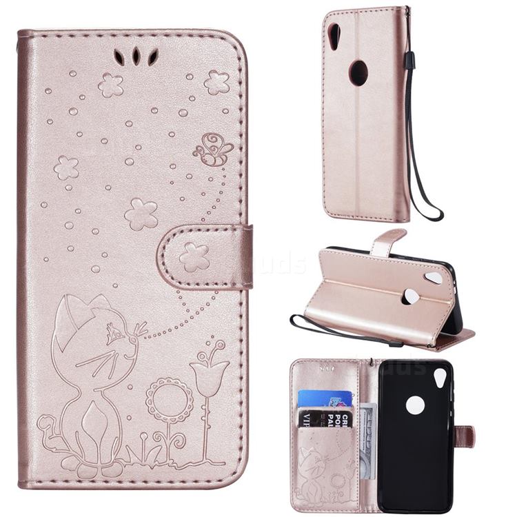 Embossing Bee and Cat Leather Wallet Case for Motorola Moto E6 - Rose Gold