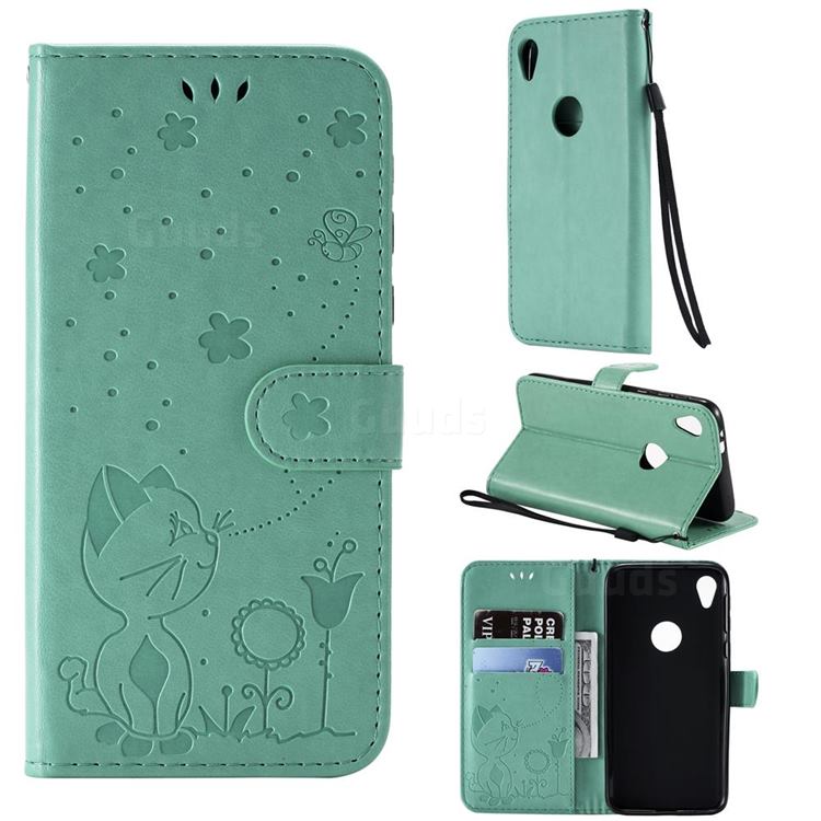 Embossing Bee and Cat Leather Wallet Case for Motorola Moto E6 - Green