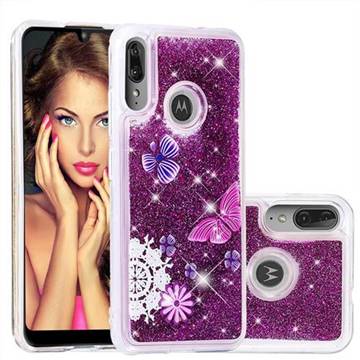 Purple Flower Butterfly Dynamic Liquid Glitter Quicksand Soft TPU Case for Motorola Moto E6 Plus