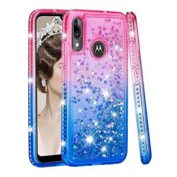 Diamond Frame Liquid Glitter Quicksand Sequins Phone Case for Motorola Moto E6 Plus - Pink Blue