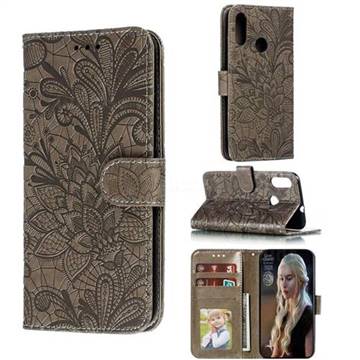 Intricate Embossing Lace Jasmine Flower Leather Wallet Case for Motorola Moto E6 Plus - Gray