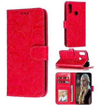 Intricate Embossing Lace Jasmine Flower Leather Wallet Case for Motorola Moto E6 Plus - Red
