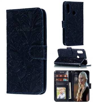 Intricate Embossing Lace Jasmine Flower Leather Wallet Case for Motorola Moto E6 Plus - Dark Blue