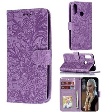 Intricate Embossing Lace Jasmine Flower Leather Wallet Case for Motorola Moto E6 Plus - Purple