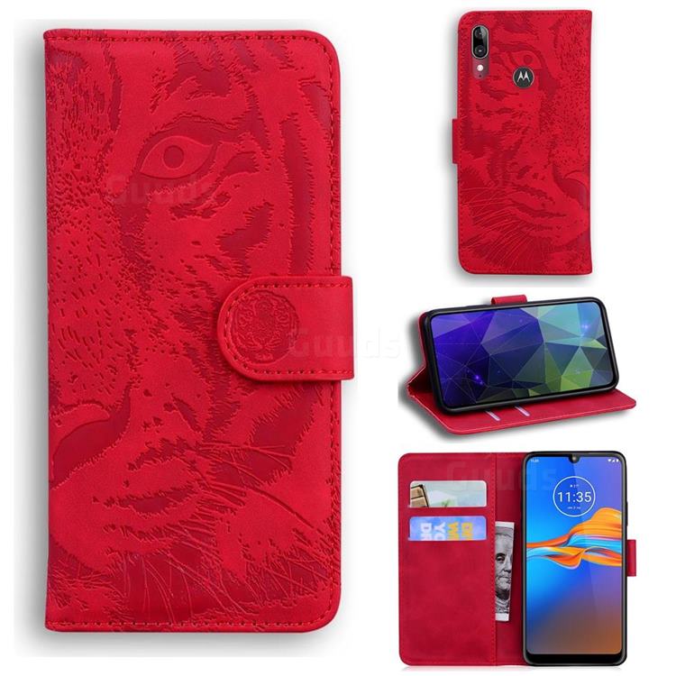 Intricate Embossing Tiger Face Leather Wallet Case for Motorola Moto E6 Plus - Red