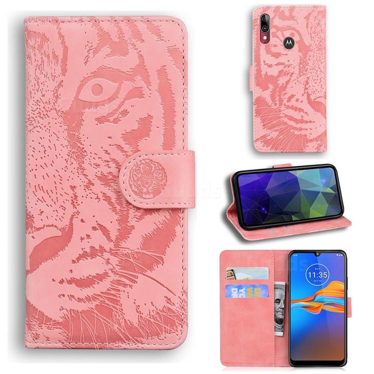 Intricate Embossing Tiger Face Leather Wallet Case for Motorola Moto E6 Plus - Pink