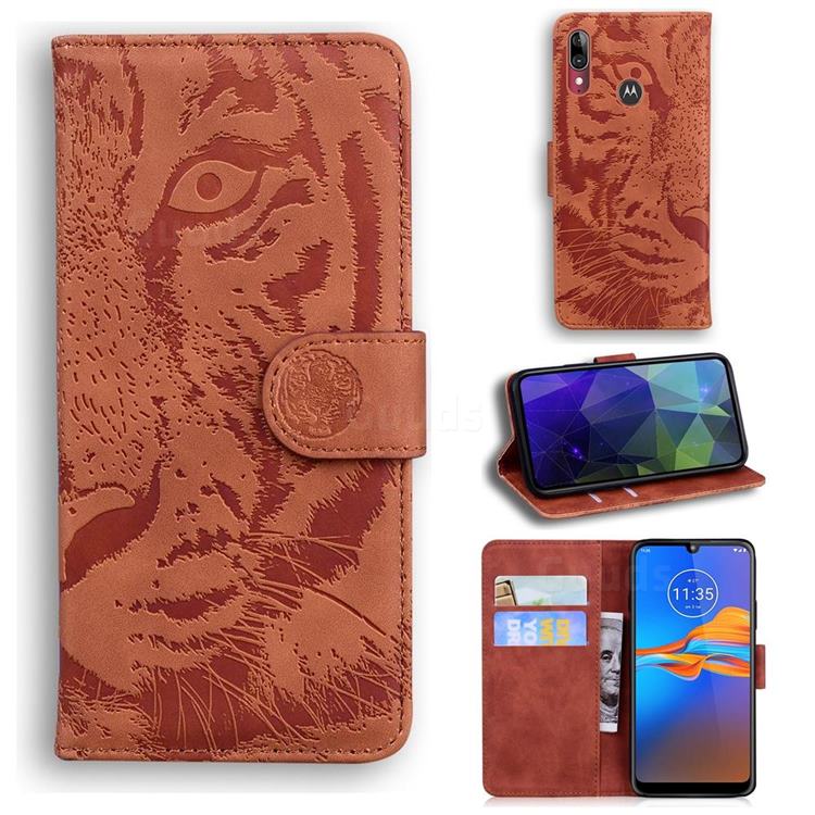 Intricate Embossing Tiger Face Leather Wallet Case for Motorola Moto E6 Plus - Brown