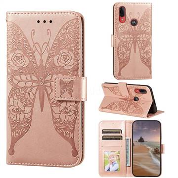 Intricate Embossing Rose Flower Butterfly Leather Wallet Case for Motorola Moto E6 Plus - Rose Gold