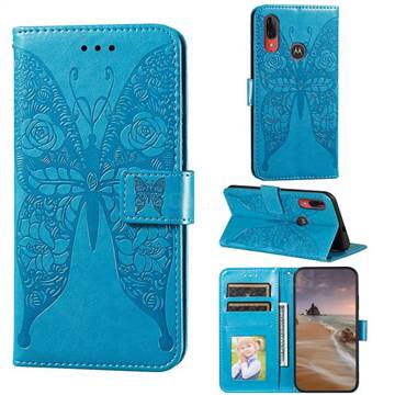Intricate Embossing Rose Flower Butterfly Leather Wallet Case for Motorola Moto E6 Plus - Blue
