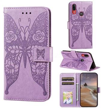 Intricate Embossing Rose Flower Butterfly Leather Wallet Case for Motorola Moto E6 Plus - Purple