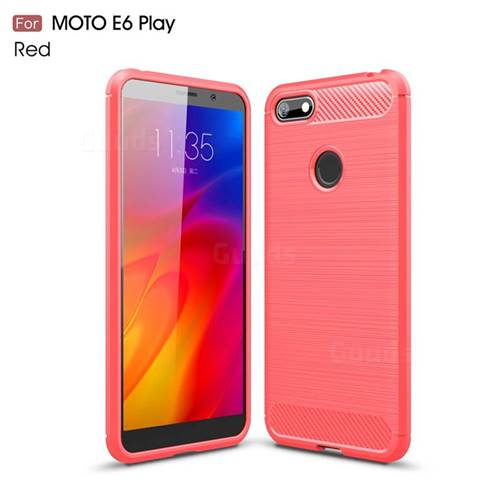 Luxury Carbon Fiber Brushed Wire Drawing Silicone TPU Back Cover for Motorola Moto E6 Play - Red