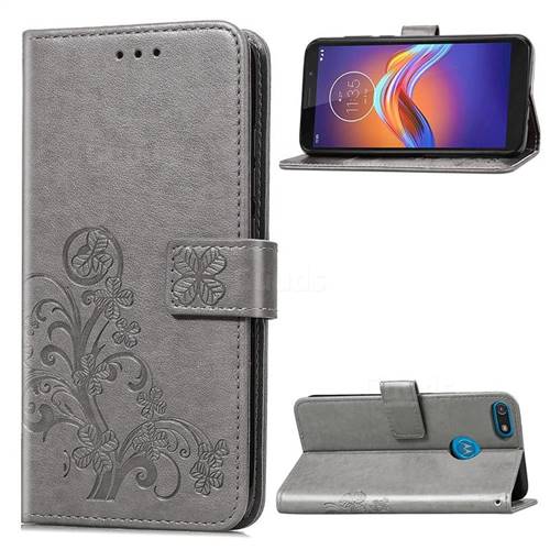 Embossing Imprint Four-Leaf Clover Leather Wallet Case for Motorola Moto E6 Play - Grey