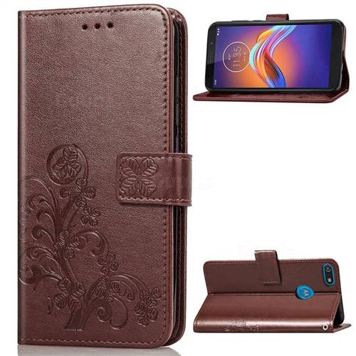 Embossing Imprint Four-Leaf Clover Leather Wallet Case for Motorola Moto E6 Play - Brown