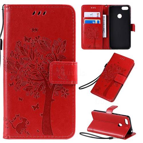 Embossing Butterfly Tree Leather Wallet Case for Motorola Moto E6 Play - Red
