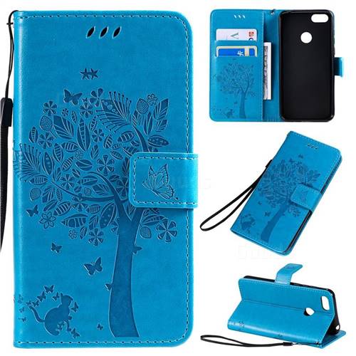 Embossing Butterfly Tree Leather Wallet Case for Motorola Moto E6 Play - Blue