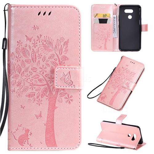 Embossing Butterfly Tree Leather Wallet Case for Motorola Moto E6 Play - Rose Pink