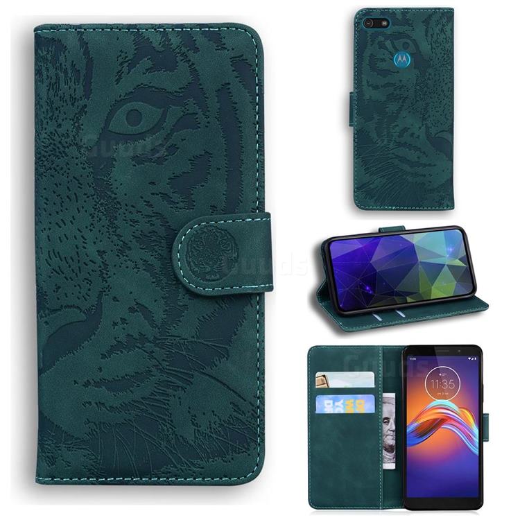 Intricate Embossing Tiger Face Leather Wallet Case for Motorola Moto E6 Play - Green