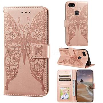 Intricate Embossing Rose Flower Butterfly Leather Wallet Case for Motorola Moto E6 Play - Rose Gold