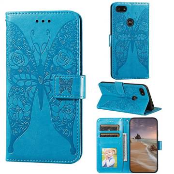 Intricate Embossing Rose Flower Butterfly Leather Wallet Case for Motorola Moto E6 Play - Blue
