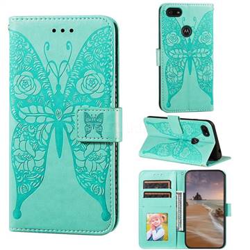 Intricate Embossing Rose Flower Butterfly Leather Wallet Case for Motorola Moto E6 Play - Green