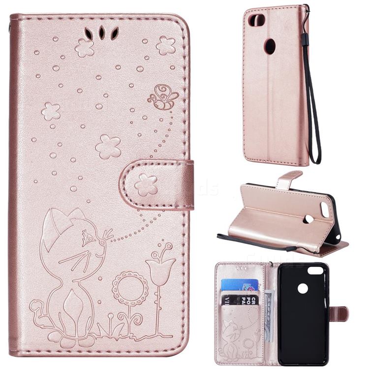 Embossing Bee and Cat Leather Wallet Case for Motorola Moto E6 Play - Rose Gold