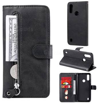 Retro Luxury Zipper Leather Phone Wallet Case for Motorola Moto E6s (2020) - Black