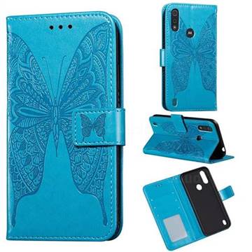 Intricate Embossing Vivid Butterfly Leather Wallet Case for Motorola Moto E6s (2020) - Blue