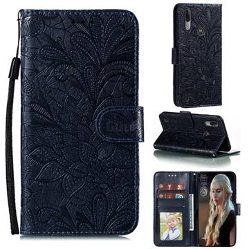 Intricate Embossing Lace Jasmine Flower Leather Wallet Case for Motorola Moto E6s (2020) - Dark Blue