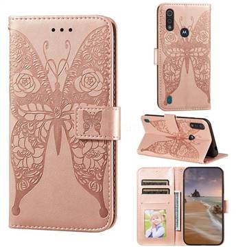 Intricate Embossing Rose Flower Butterfly Leather Wallet Case for Motorola Moto E6s (2020) - Rose Gold
