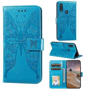 Intricate Embossing Rose Flower Butterfly Leather Wallet Case for Motorola Moto E6s (2020) - Blue