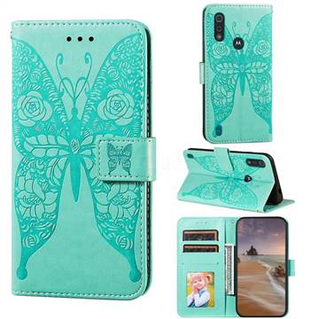 Intricate Embossing Rose Flower Butterfly Leather Wallet Case for Motorola Moto E6s (2020) - Green