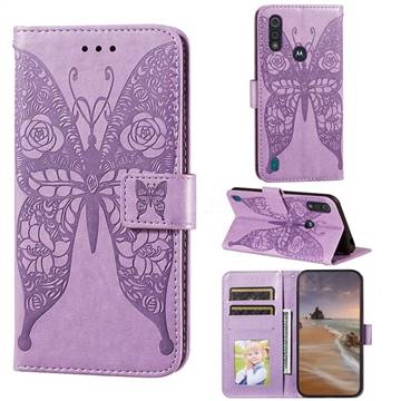 Intricate Embossing Rose Flower Butterfly Leather Wallet Case for Motorola Moto E6s (2020) - Purple