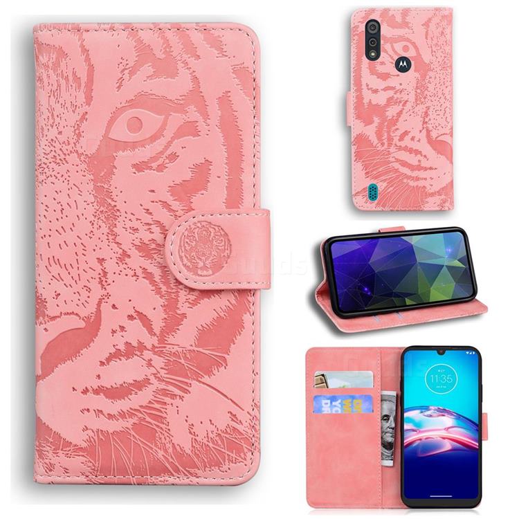 Intricate Embossing Tiger Face Leather Wallet Case for Motorola Moto E6s (2020) - Pink