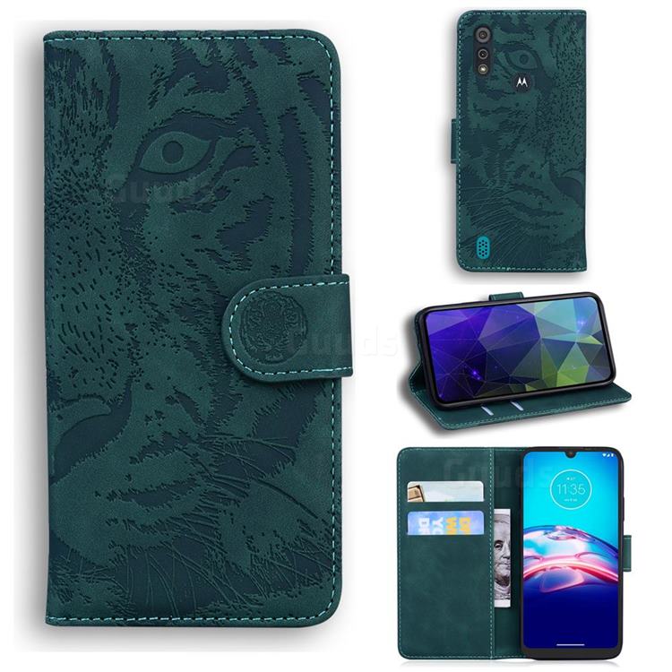 Intricate Embossing Tiger Face Leather Wallet Case for Motorola Moto E6s (2020) - Green