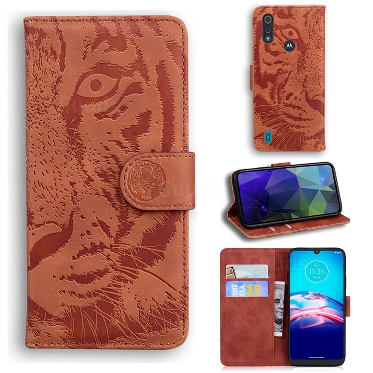 Intricate Embossing Tiger Face Leather Wallet Case for Motorola Moto E6s (2020) - Brown