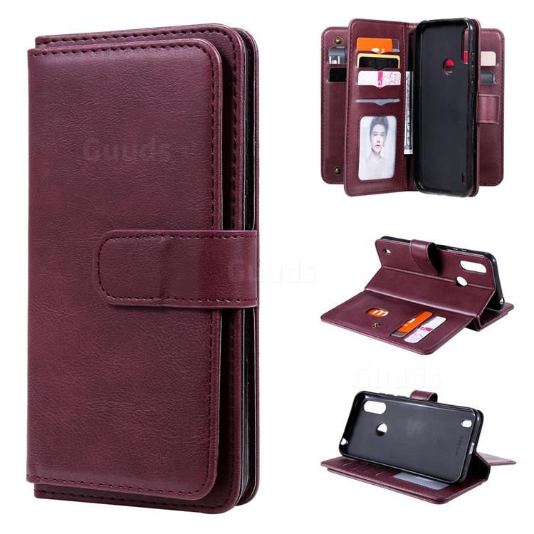 Multi-function Ten Card Slots and Photo Frame PU Leather Wallet Phone Case Cover for Motorola Moto E6s (2020) - Claret