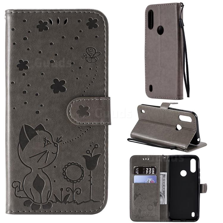 Embossing Bee and Cat Leather Wallet Case for Motorola Moto E6s (2020) - Gray