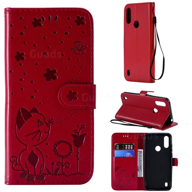 Embossing Bee and Cat Leather Wallet Case for Motorola Moto E6s (2020) - Red