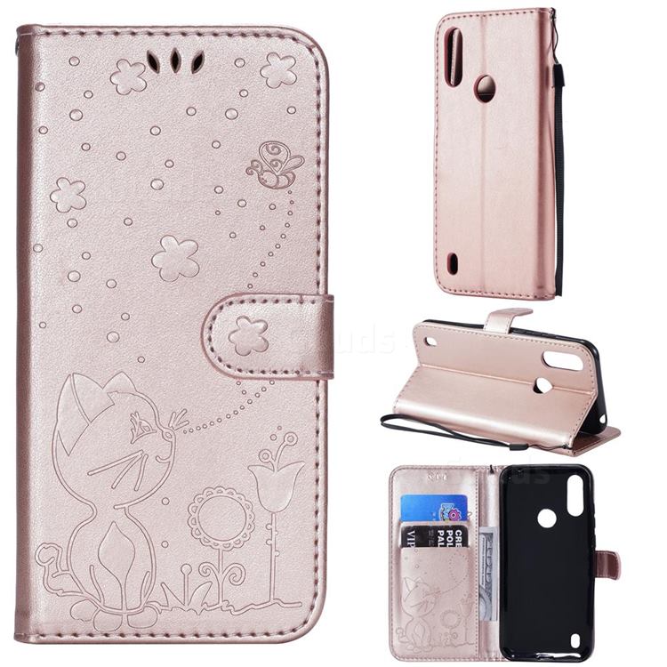 Embossing Bee and Cat Leather Wallet Case for Motorola Moto E6s (2020) - Rose Gold