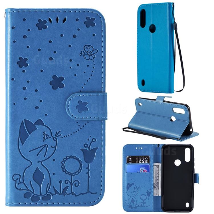 Embossing Bee and Cat Leather Wallet Case for Motorola Moto E6s (2020) - Blue
