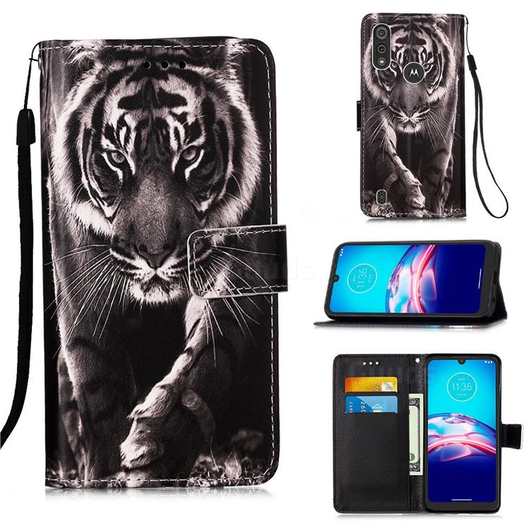 Black and White Tiger Matte Leather Wallet Phone Case for Motorola Moto E6s (2020)