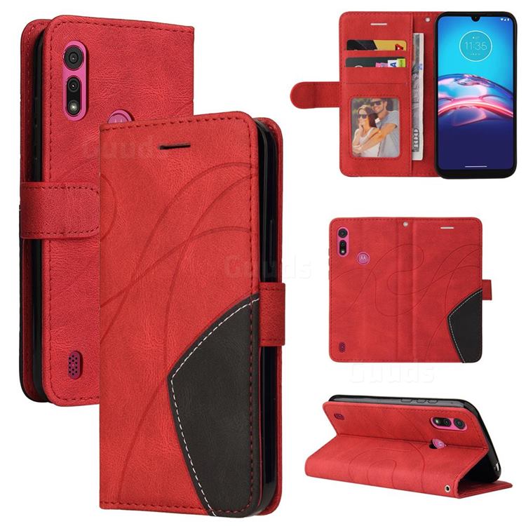 Luxury Two-color Stitching Leather Wallet Case Cover for Motorola Moto E6s (2020) - Red