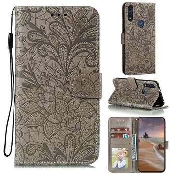 Intricate Embossing Lace Jasmine Flower Leather Wallet Case for Motorola Moto E7(Moto E 2020) - Gray