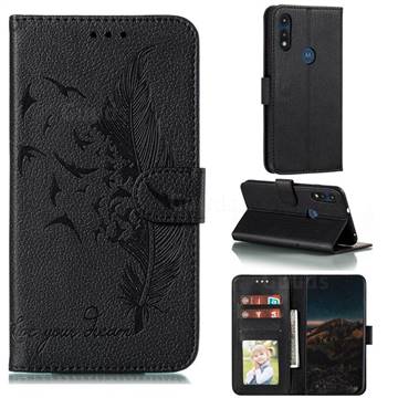 Intricate Embossing Lychee Feather Bird Leather Wallet Case for Motorola Moto E7(Moto E 2020) - Black