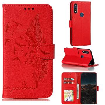 Intricate Embossing Lychee Feather Bird Leather Wallet Case for Motorola Moto E7(Moto E 2020) - Red