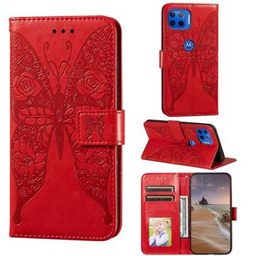 Intricate Embossing Rose Flower Butterfly Leather Wallet Case for Motorola Moto E7(Moto E 2020) - Red