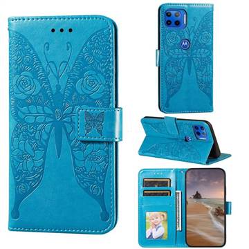 Intricate Embossing Rose Flower Butterfly Leather Wallet Case for Motorola Moto E7(Moto E 2020) - Blue
