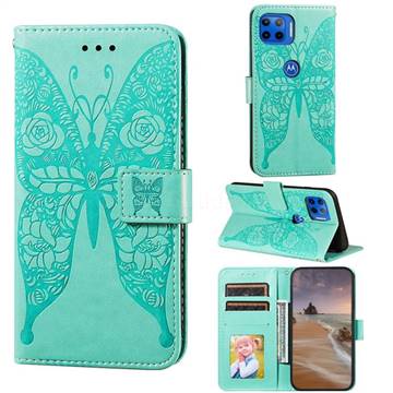Intricate Embossing Rose Flower Butterfly Leather Wallet Case for Motorola Moto E7(Moto E 2020) - Green