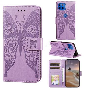 Intricate Embossing Rose Flower Butterfly Leather Wallet Case for Motorola Moto E7(Moto E 2020) - Purple